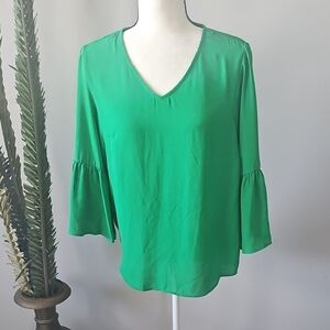 NY Collection Green V-Neck Hi-Low Blouse